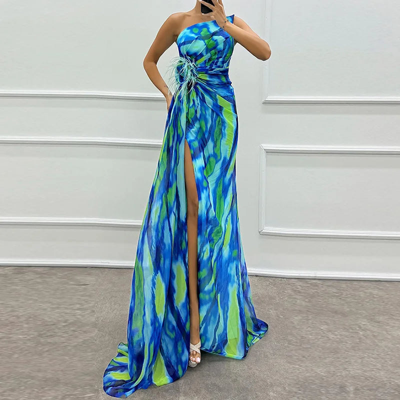 Printed Skew Collar Simple Party Dress, Women Summer Patchwork Sleeveless Elegant Maxi Dress, 2024 Backless Fashion Ladies Dress