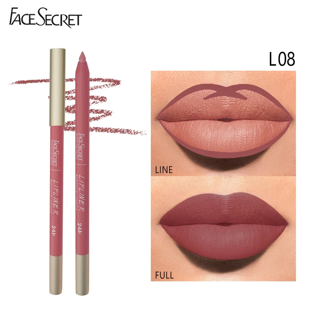 Face Secret waterproof matte lipliner pencil in shade L08, shown with lined and full velvet matte lip application.