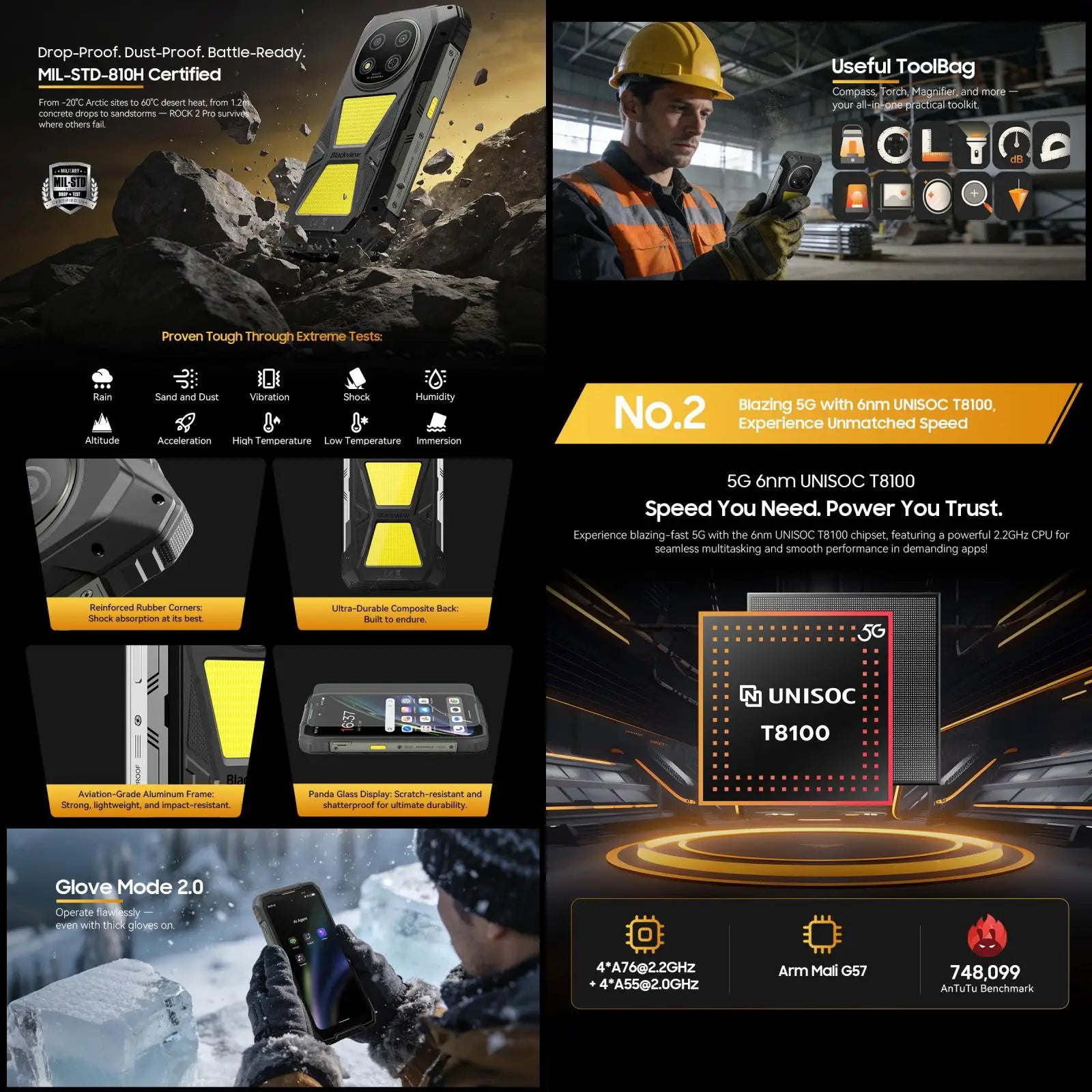 Blackview ROCK 2 Pro Rugged Phone 8GB+256GB 6.67'' 120Hz Display Android 16 15000mAh Unisoc T8100 NFC 5G Smartphone