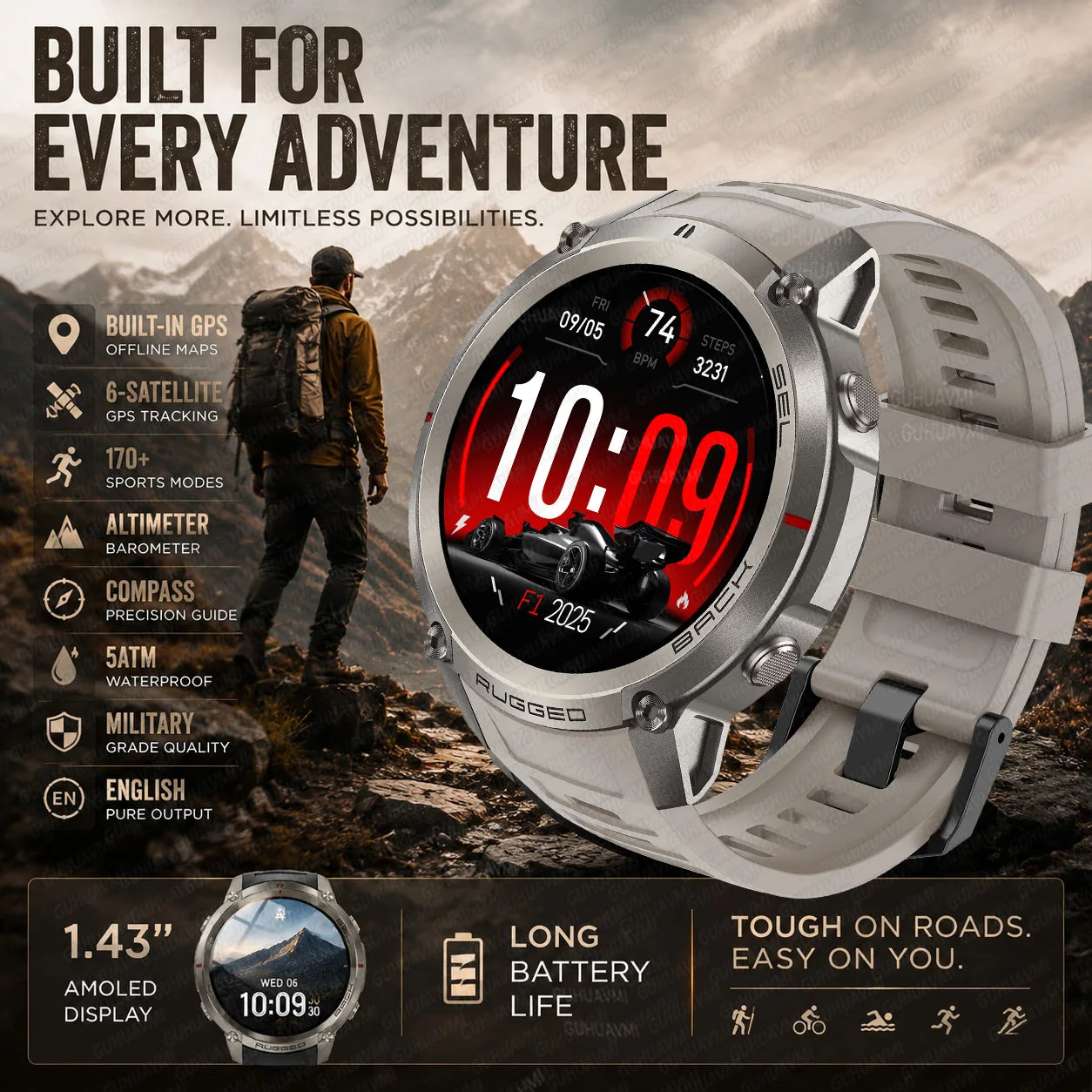 Rugged sports smart watch with tan silicone strap and black AMOLED screen