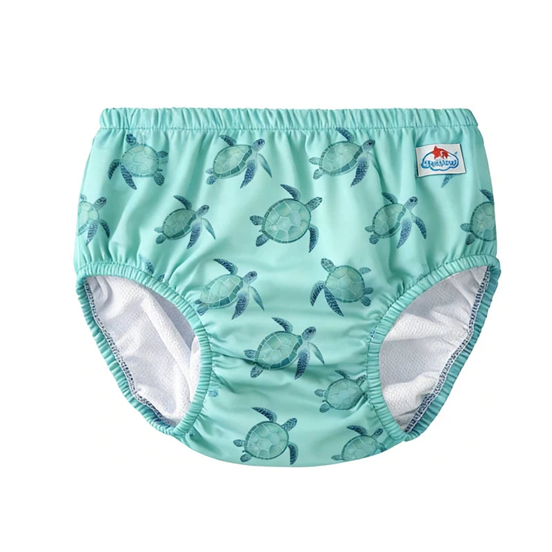 iPlay baby swim diaper with teal sea turtle print. Reusable water diaper for babies.