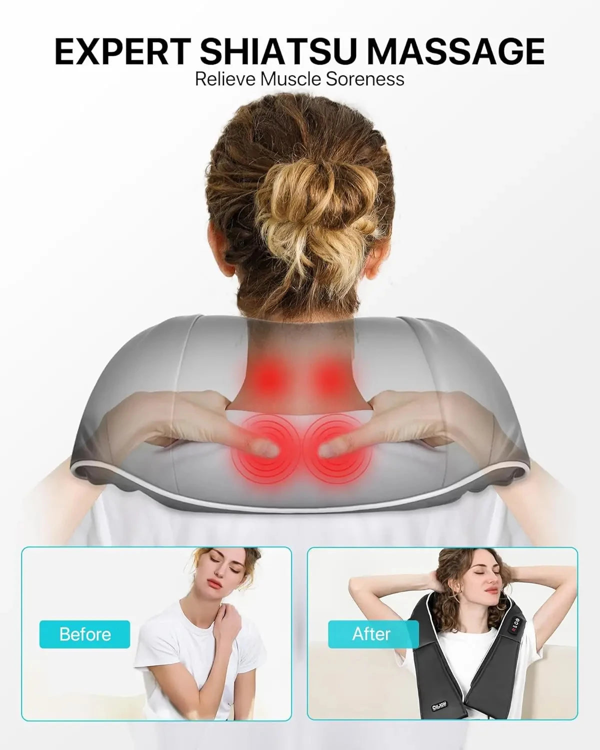 Shiatsu Neck and Shoulder Massager with Heat | Deep Tissue Relief Massage Cushion Tidesmit