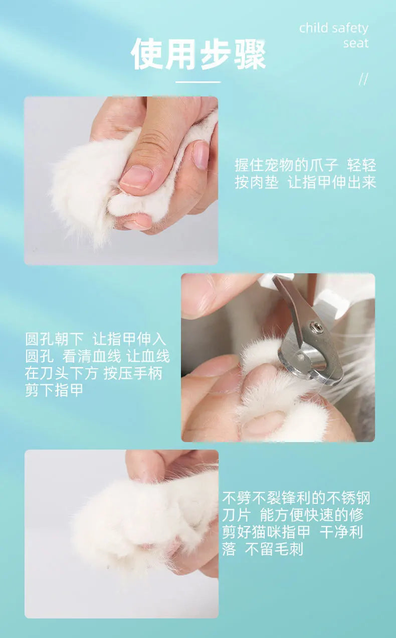 Professional stainless steel cat nail clippers trimming a pet's claws safely and easily for home grooming.