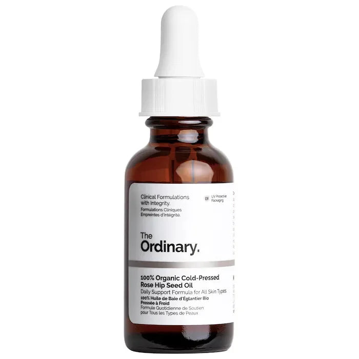 The Ordinary rose hip seed oil serum in dark amber dropper bottle