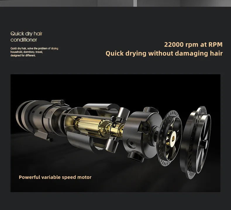 Exploded view of powerful 22,000 RPM hair dryer motor, showing internal components for fast, damage-free hair drying.