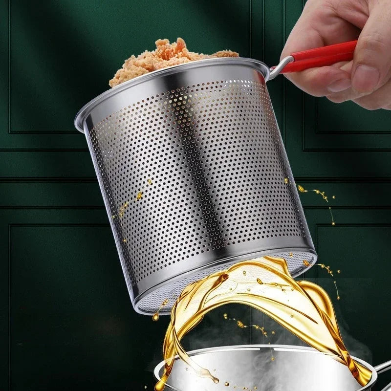 Stainless steel deep fryer with perforated basket and red cool-touch handle
