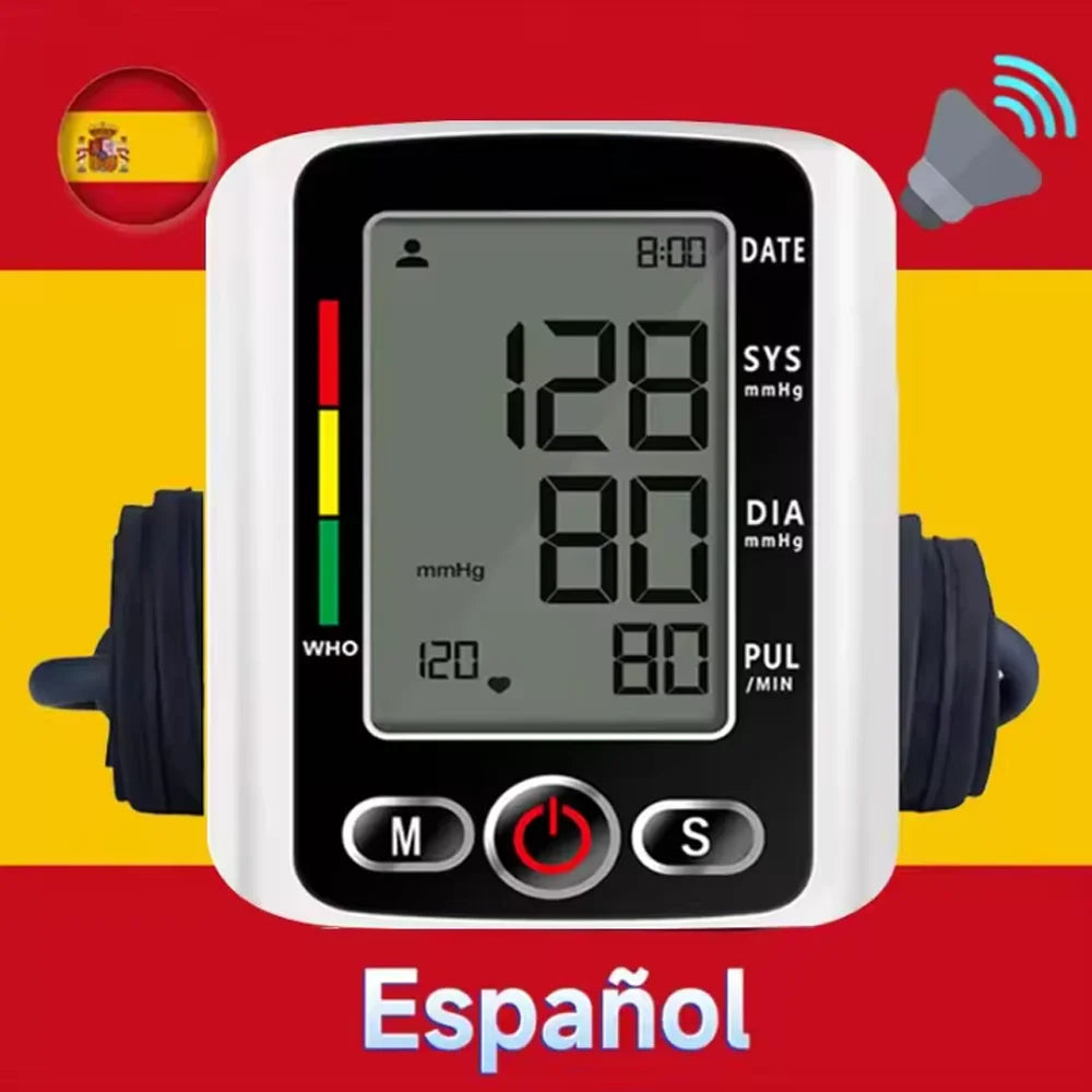 Spanish Voice Arm Automatic Blood Pressure Monitor BP Sphygmomanometer Pressure Meter Tonometer for Measuring Arterial Pressure