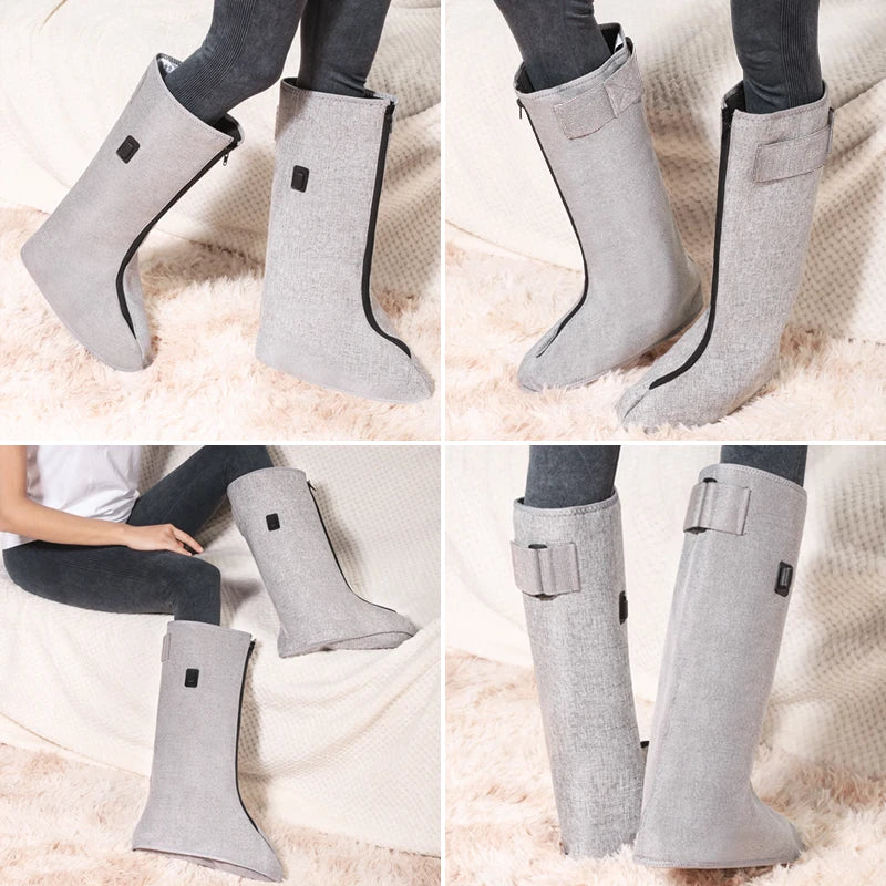 Gray full-wrap heated leg and foot massager boots for circulation, winter warmth, and pain relief therapy.
