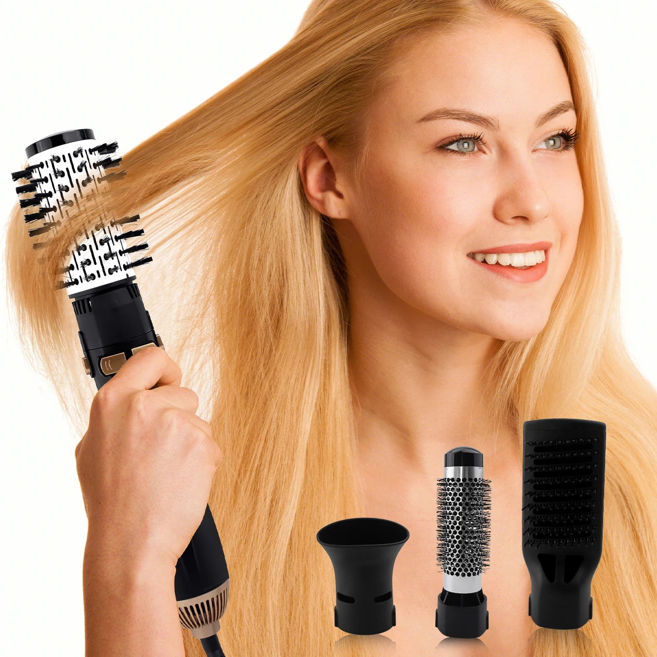 Hatteker 4-in-1 hot air brush styling tool, black and silver hair dryer brush with interchangeable curling attachments.