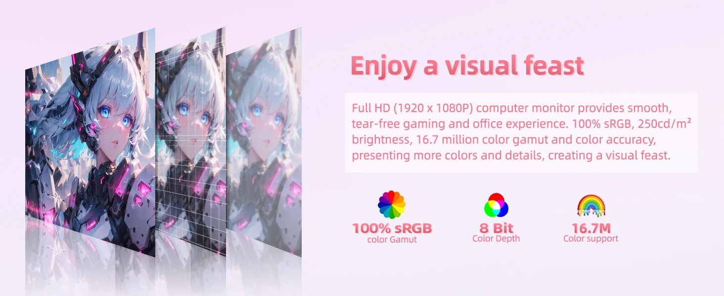 FYHXele 24" 200Hz Gaming Monitor FHD 1080P Fast IPS 1ms FreeSync 99% sRGB HDMI DP USB VESA Mountable Pink