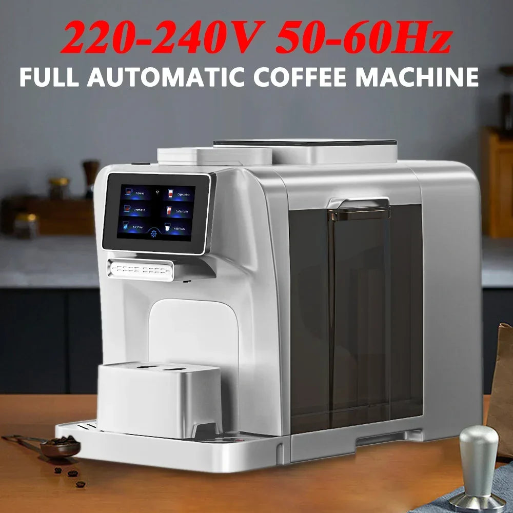 Silver fully automatic coffee machine with touchscreen display and transparent water tank on a wooden kitchen counter.
