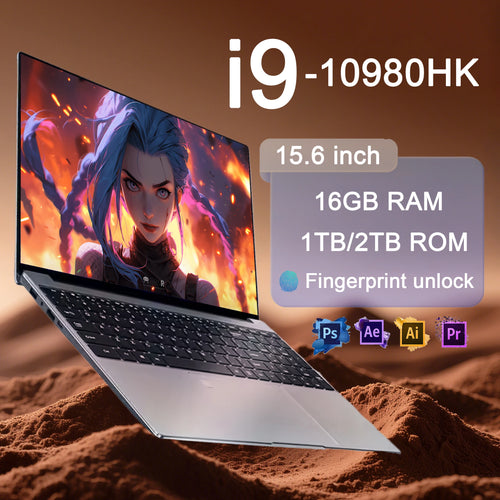 Silver 15.6-inch laptop with thin bezels, black keyboard, side ports, and gaming-themed screen wallpaper.