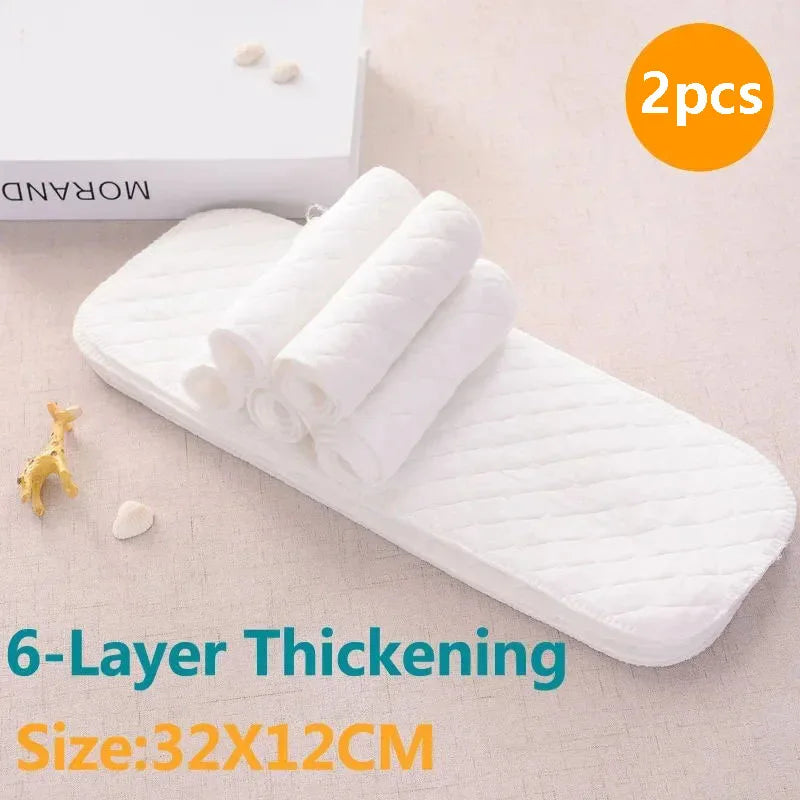 2-pack white 6-layer thickened baby diaper insert pads, 32x12cm, soft absorbent cotton baby care essentials.