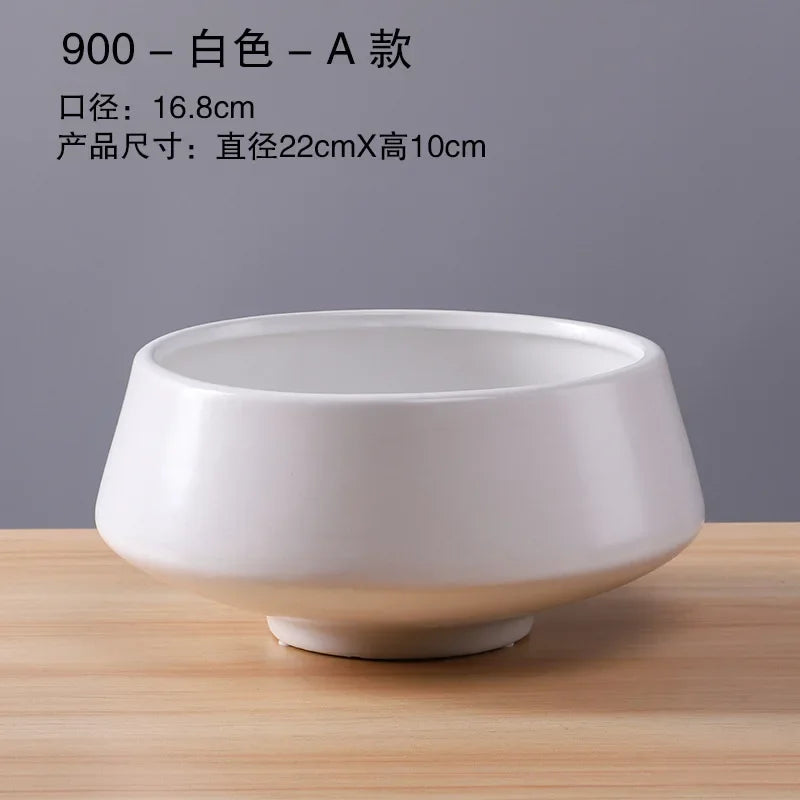 White ceramic hydroponic plant pot, wide round opening with smooth flared sides