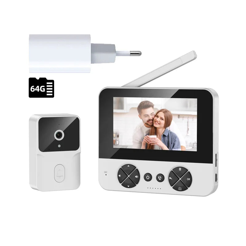 Wireless video doorbell set with white outdoor camera and indoor monitor, 64GB