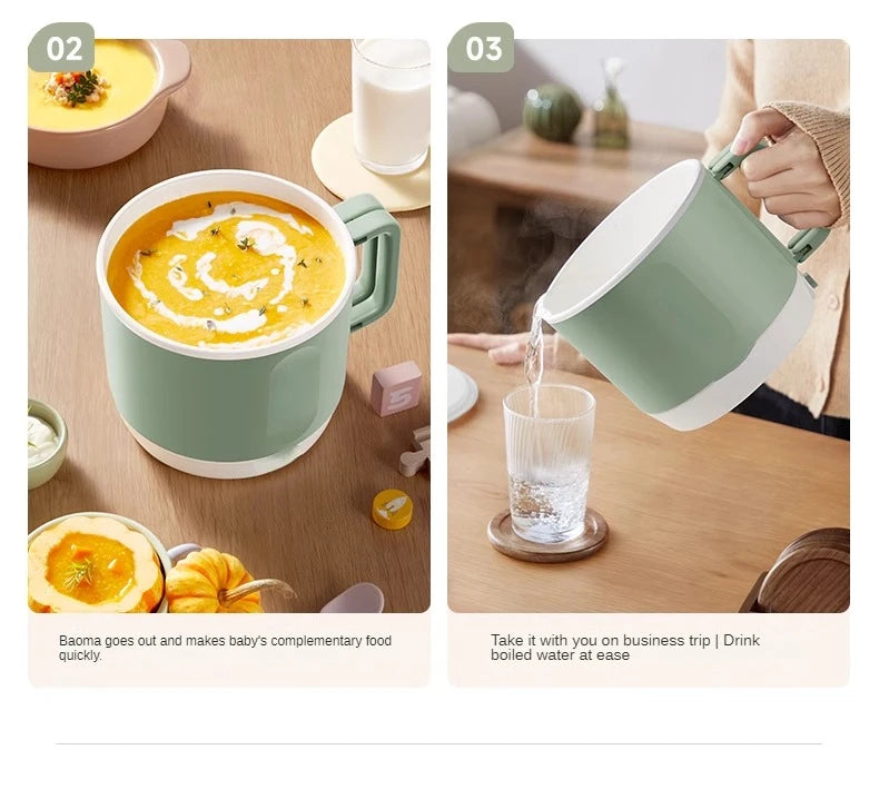 Mint green electric hot pot with side handles, breakfast dish with runny egg inside