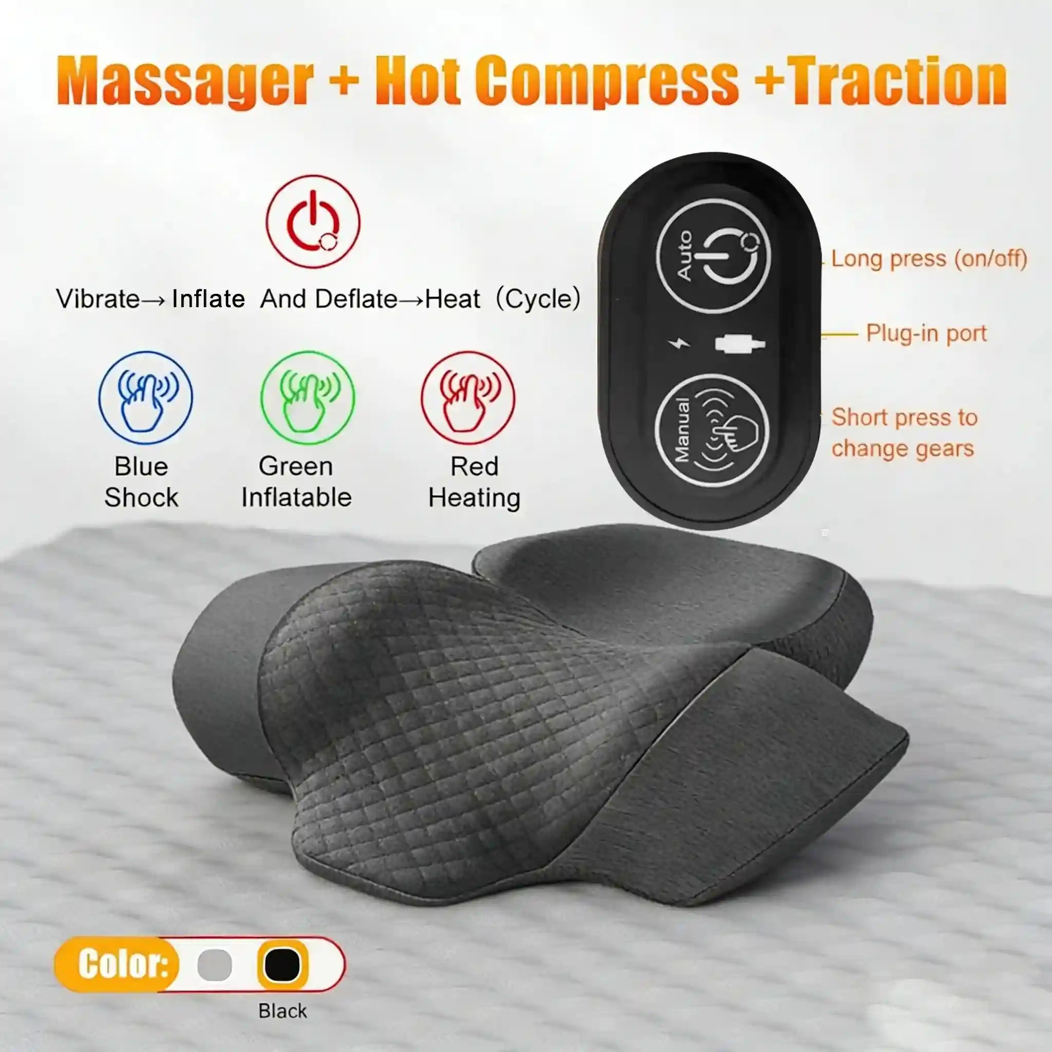 Electric Neck Massage Pillow with Heat and Vibration for Cervical Relief Massage Roller Hot-Traction C Tidesmit