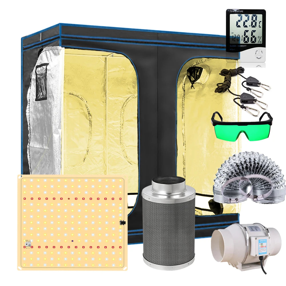 Grow tent kit with blue-framed tent, LED panel, duct fans, controller display and cables