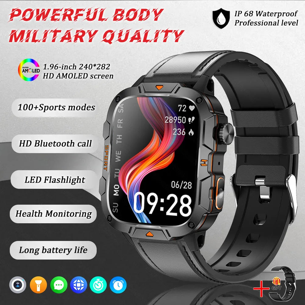 Men's rugged smart watch with black silicone strap and round AMOLED touchscreen
