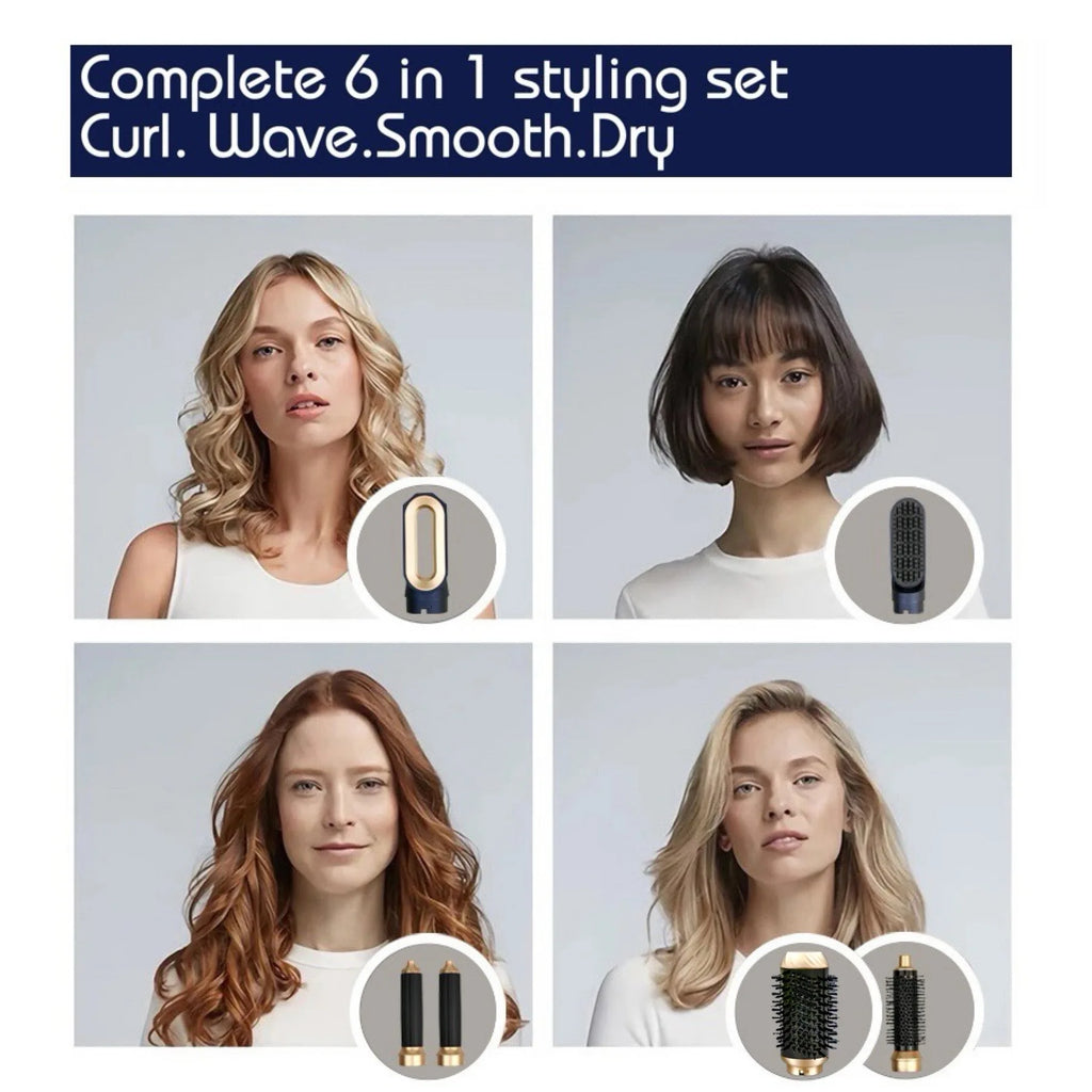 6-in-1 multi styler hair dryer set with gold attachments for professional curling, drying, and smoothing hairstyles.