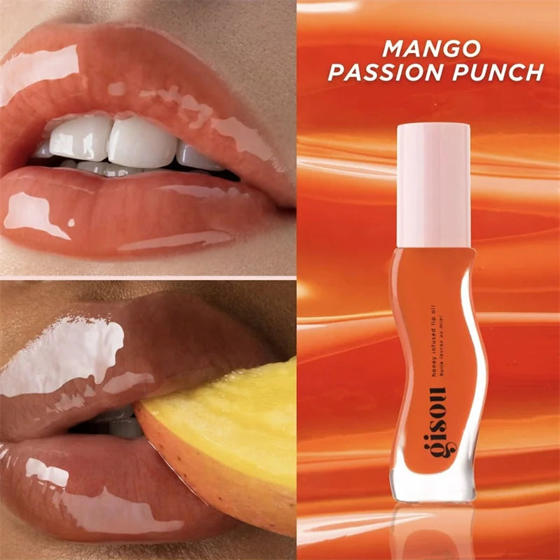Gisou Honey Infused Lip Oil in Mango Passion Punch: a high-shine, plumping orange lip gloss for hydrated, glossy lips.