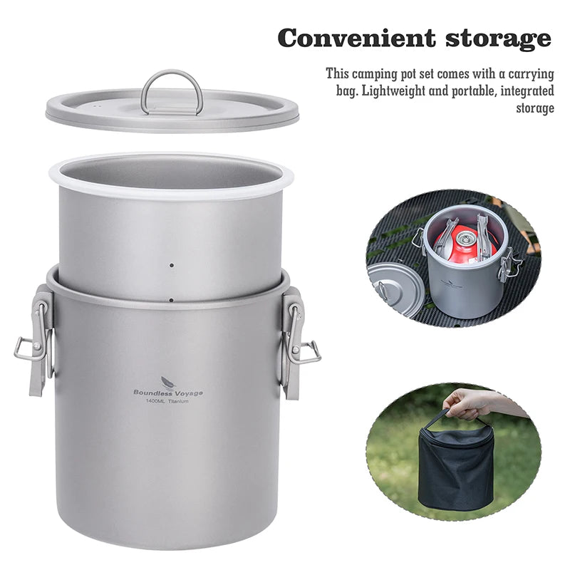 Titanium cooking pot with lid and carry handles, storage bag accessory shown