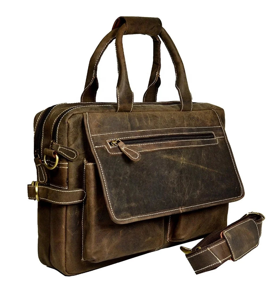 Handmade Luxury Travel 100% Genuine Leather Messenger Rustic Brown Briefcase Sling Office Business Shoulder Laptop Bag For Men's