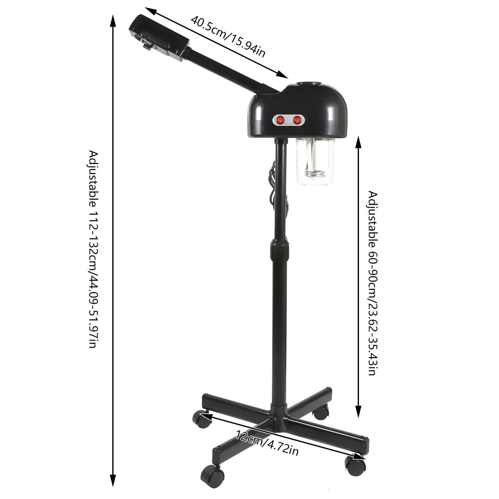 Black height-adjustable facial steamer for spa pore cleaning with 750ml tank and rolling stand on white background.