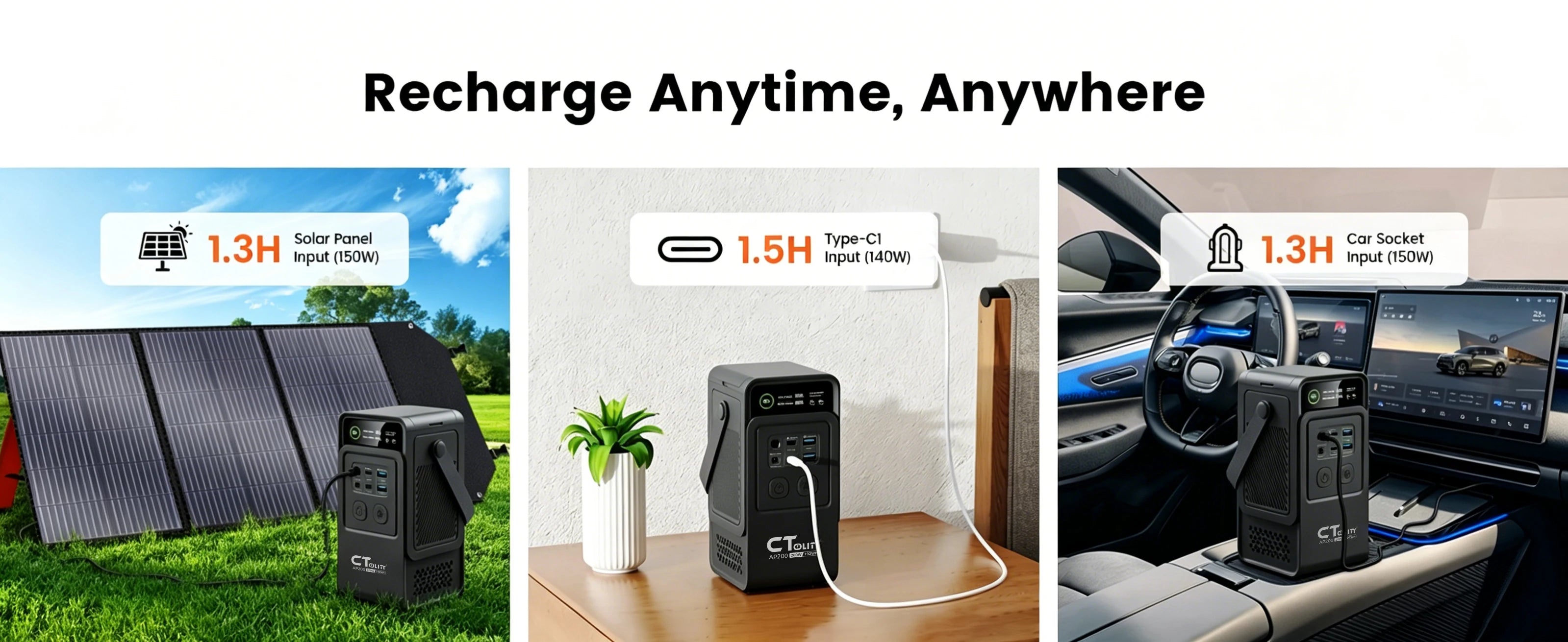 CTOLITY AP200 AP1000 Black style 200W/1800W Portable Power Station 192Wh/1024Wh 60000mAh/320000mAh LiFePO4 Battery Solar Generator UPS Function Emergency Power Supply for Camping Outdoor