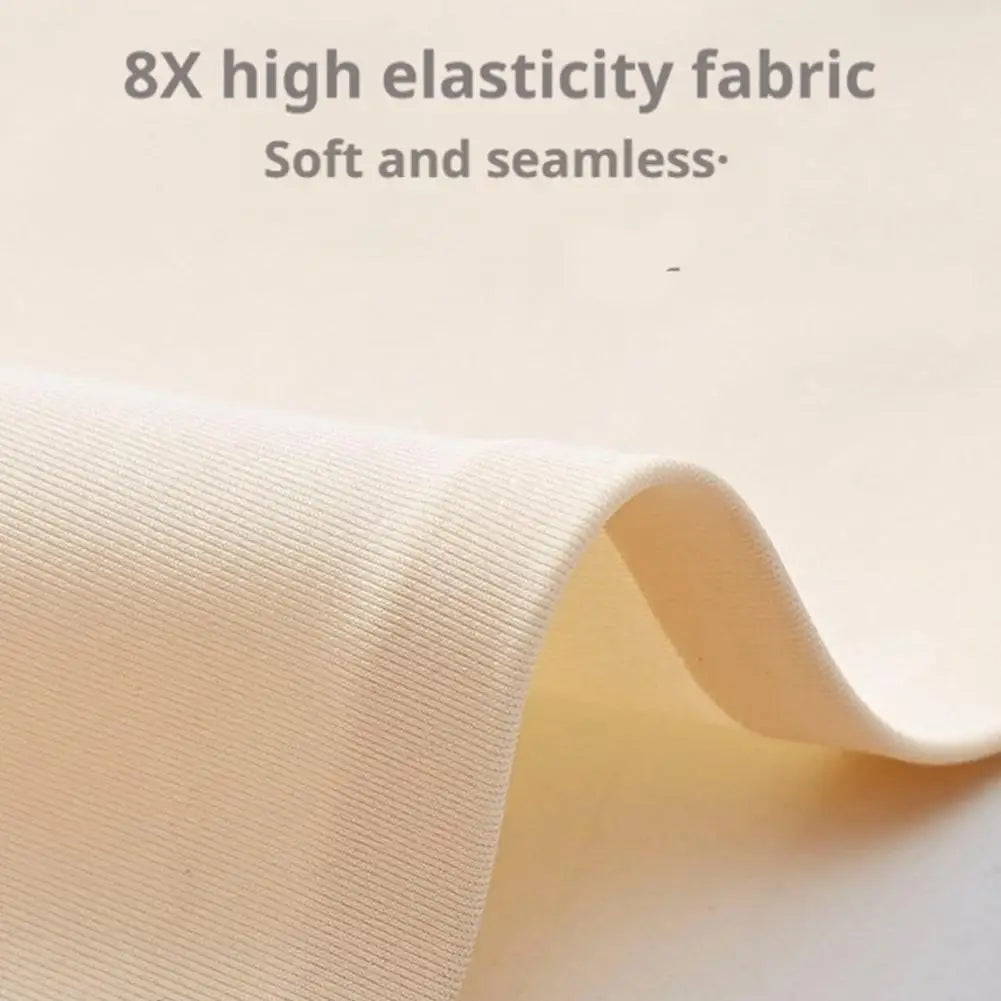 Close-up of beige, stretchy, seamless fabric for a V-line face shaper mask, highlighting its soft, elastic texture.