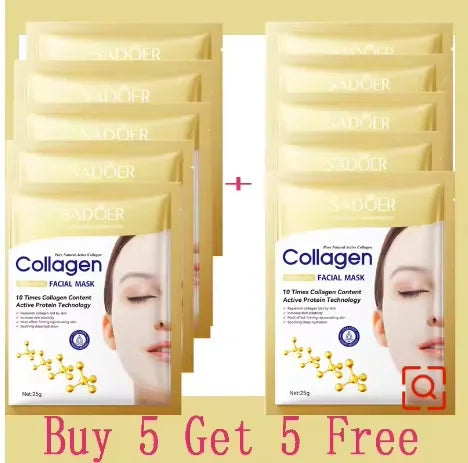 Collagen facial mask sachets, stacked gold foil packets displayed as a multipack