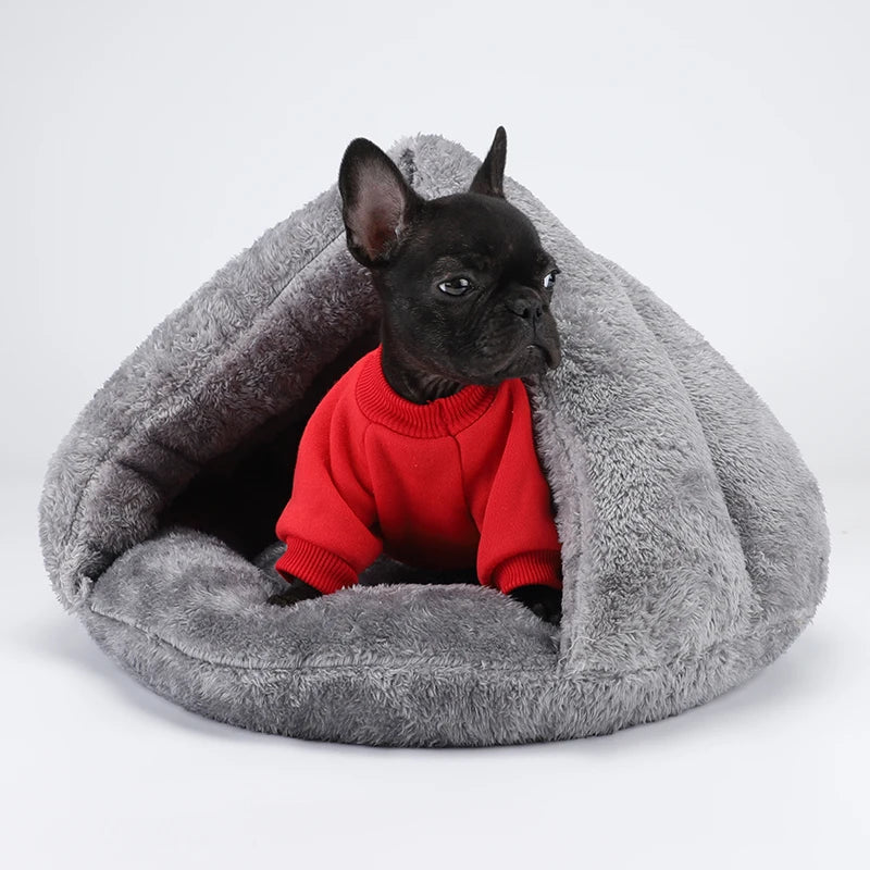 French Bulldog in a cozy, washable grey plush hooded dog bed for small dogs and cats. Perfect for warm pet comfort.