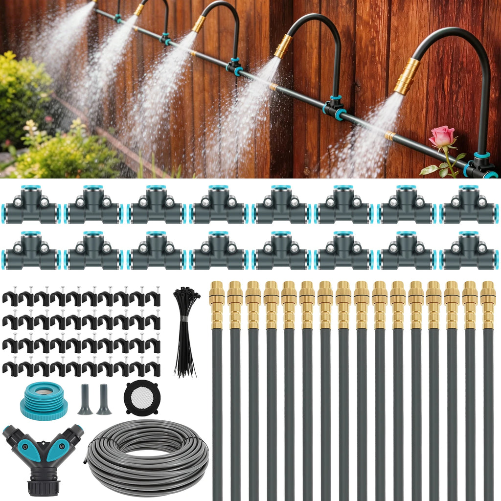 Drip irrigation tubing with adjustable copper nozzles spraying water along garden lines.