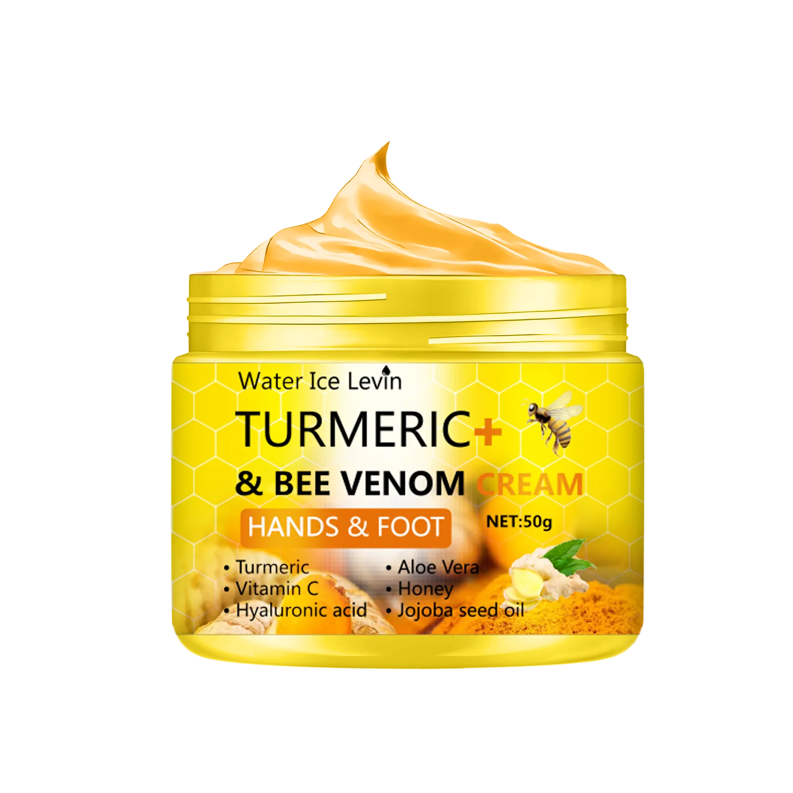 Yellow turmeric and bee venom cream jar for hands and feet, plastic container