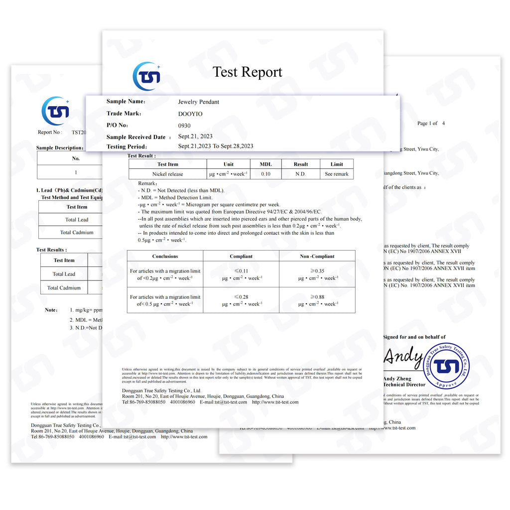 Safety test report for stainless steel pet dog paw and balloon dog jewelry charms for DIY necklaces and bracelets.