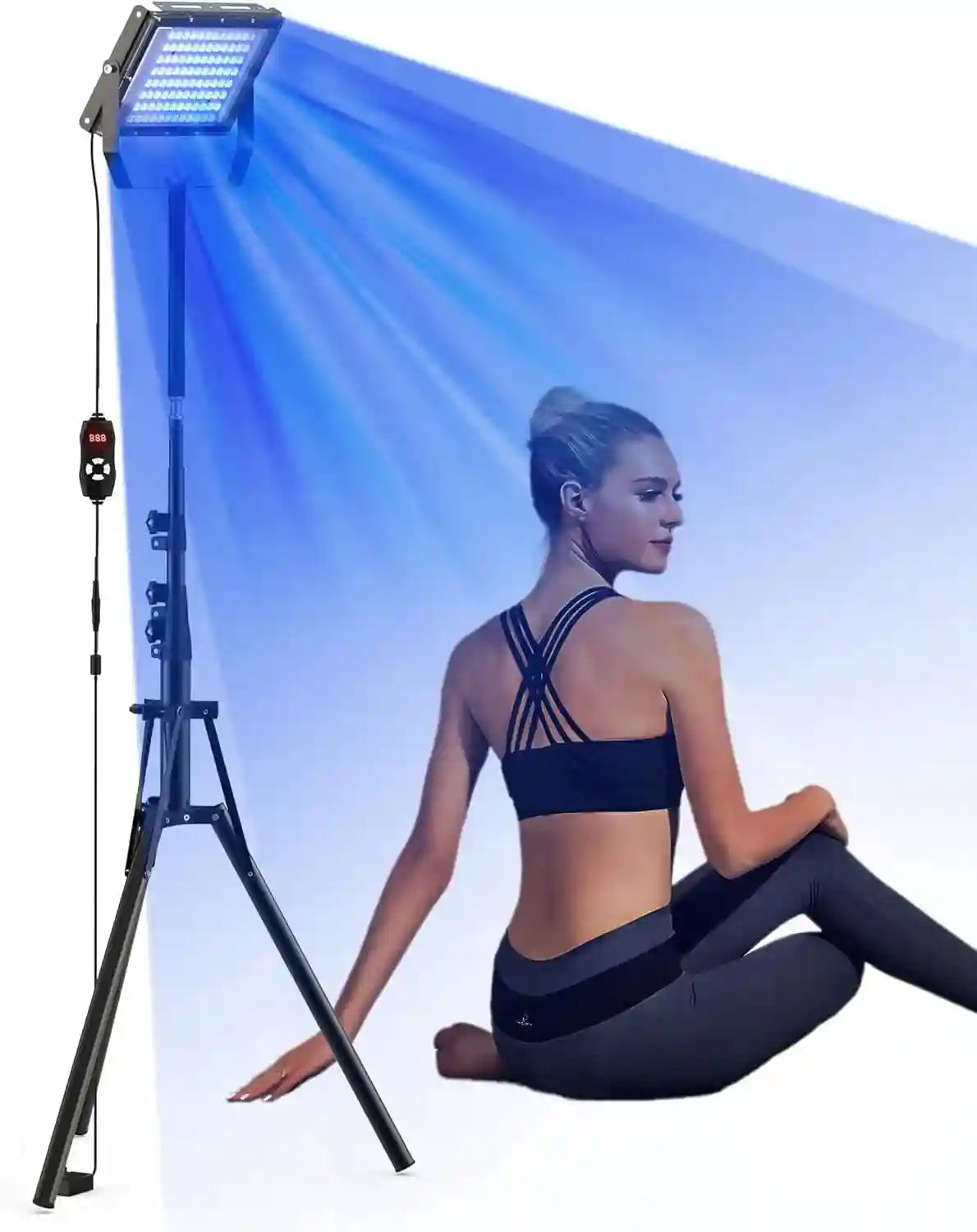 50W blue light tanning lamp on tripod stand with 96 LED bulbs for home body tanning and skin care.