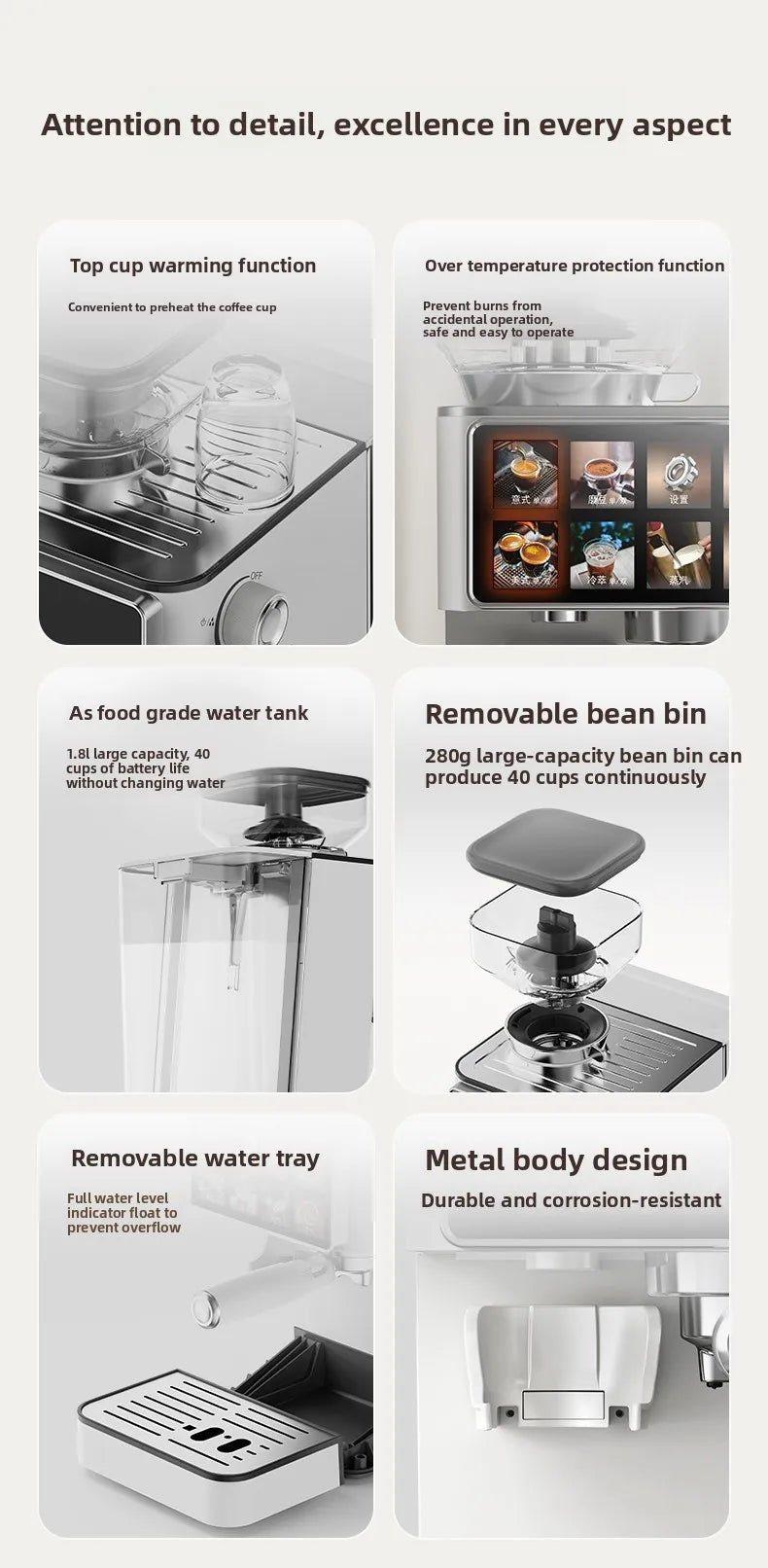 Features of metal coffee machine: 1.8L tank, 280g bean bin, cup warmer, touchscreen, and removable drip tray.