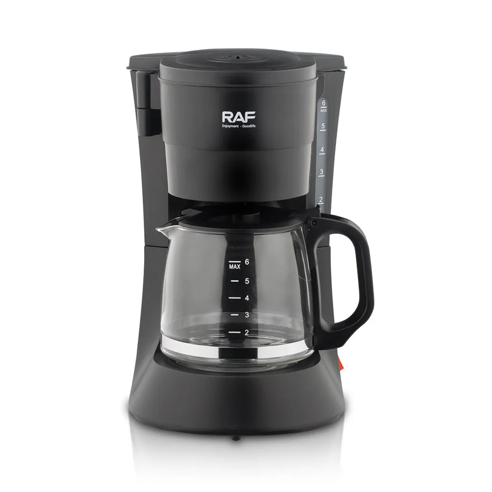 RAF black 6-cup drip coffee maker with glass carafe and water level markings isolated on white background.