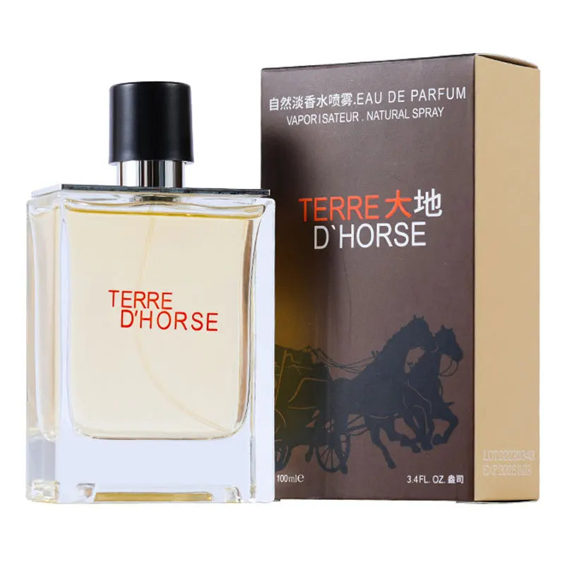 JEAN MISS Terre D'Horse EDP for men: woody, spicy, fresh fougere cologne in a clear square glass bottle, 100ml.