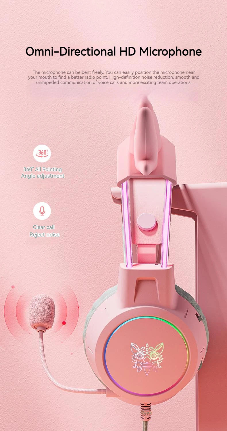 Pink Gaming Headphones with Cat Ears, RGB Mic, and Low Latency Audio Tidesmit