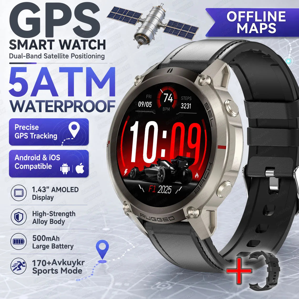 New Outdoor Sport GPS Position Smart Watch Men 1.43'AMOLED 170+Sport Mode 5ATM Waterproof Heart Rate Fitness Tracker Bracelets