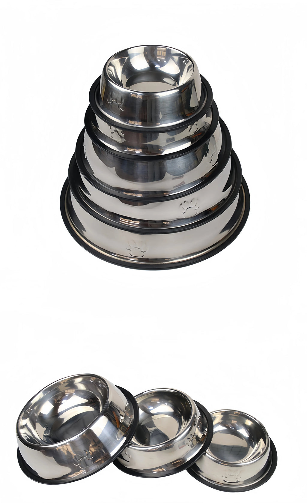 Durable stainless steel dog and cat feeding bowls in 6 sizes with non-slip base for easy, clean mealtime.