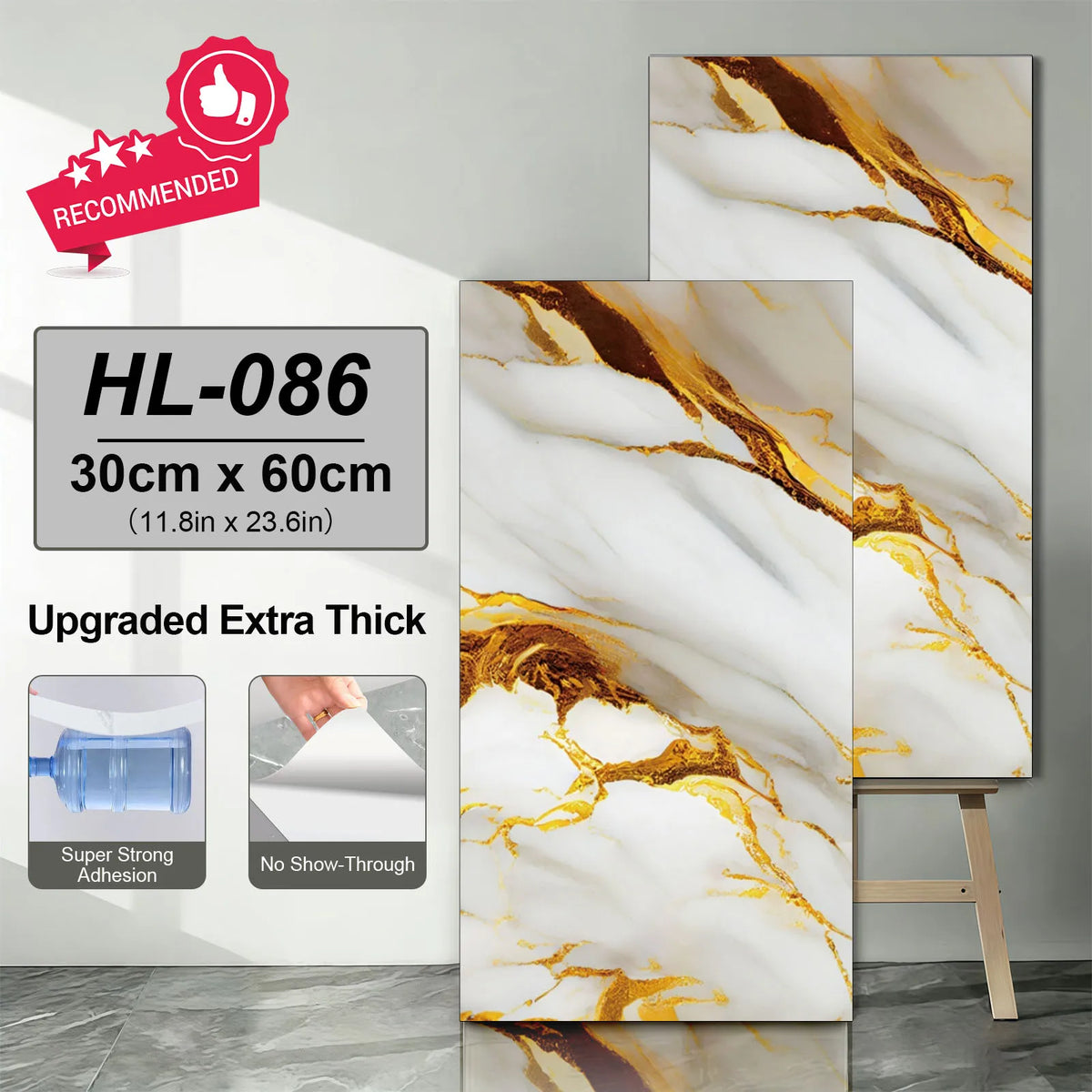 Extra thick marble tile sticker sheets with gold veining on white background