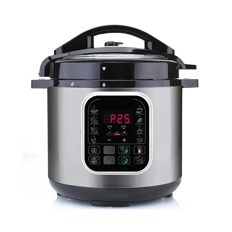 Silver and black electric pressure cooker with red LED screen and control buttons