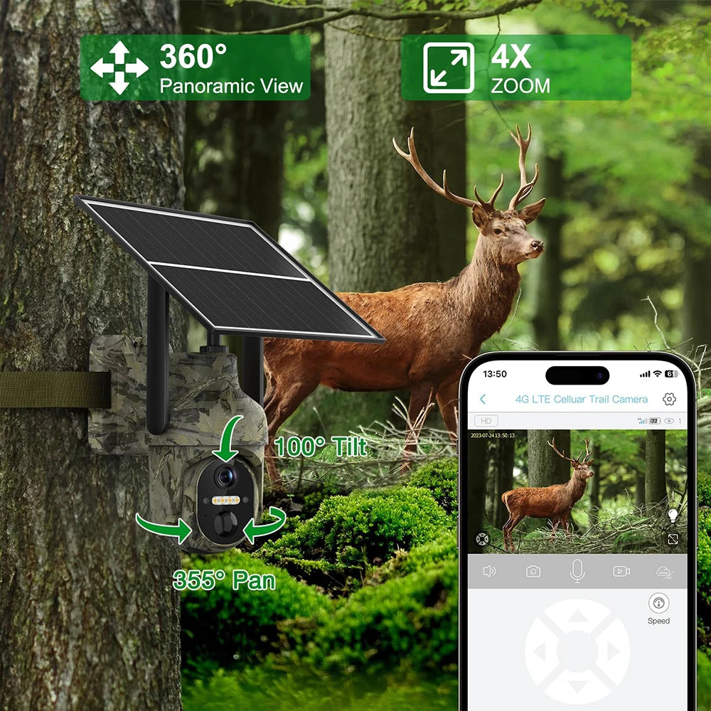 2K 3MP 4G Sim Card LTE Cellular Solar Powered Trail Hunting Wildlife Motion Activated Security Camera Outdoor Color Night Vision
