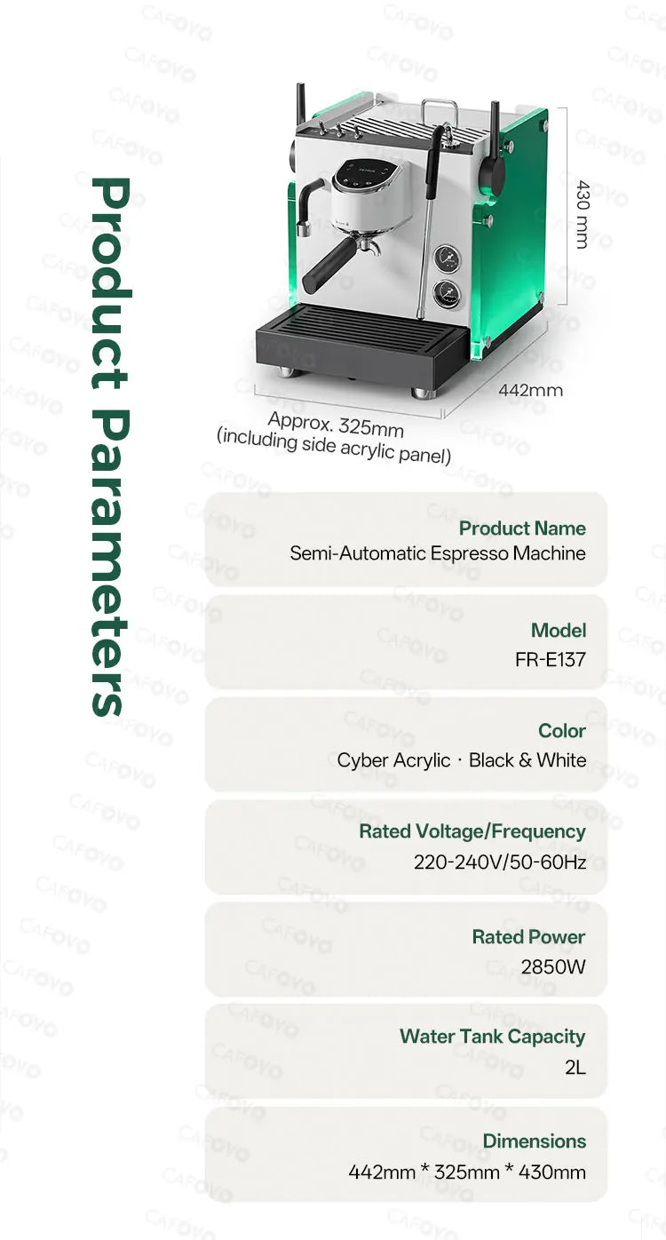 Cafovo FR-E137 semi-automatic espresso machine in white and green acrylic with 2L tank and professional gauges.