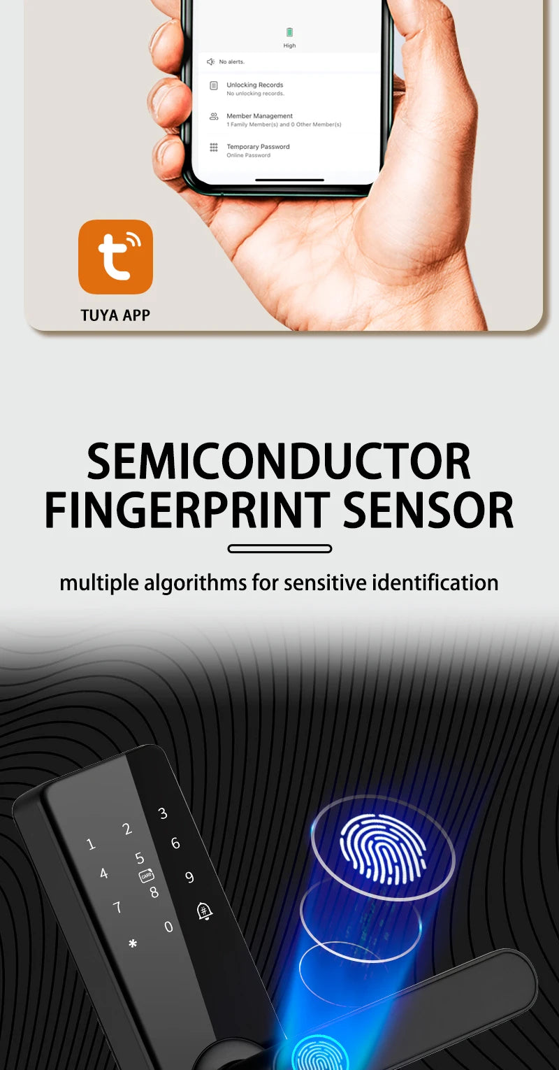 Smart Door Lock With Electronic Biometric Fingerprint Smart Card Password Key Unlock USB Tuya APP Emergency Charge lock