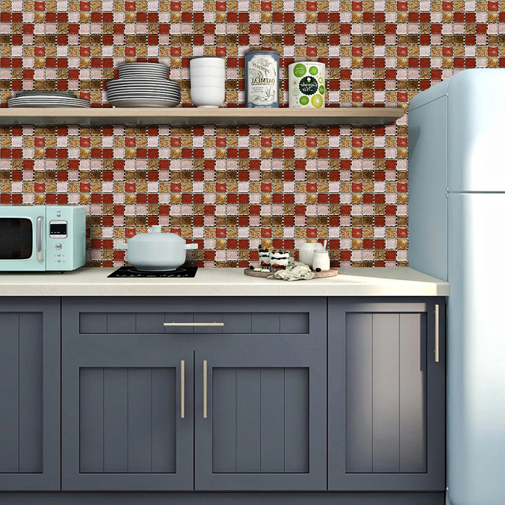 10pcs Flat Mosaic Style Tiles Sticker Kitchen Bathroom Waterproof & Oilproof Art Wall Sticker Peel & Stick Surface Glossy Film