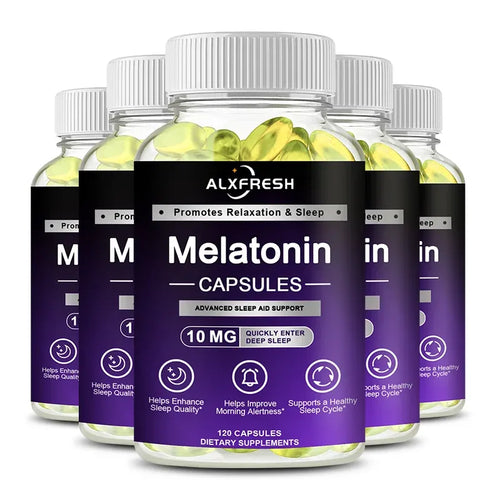 Alxfresh 10mg melatonin sleep supplement capsules, 120 count, in purple and black packaging.