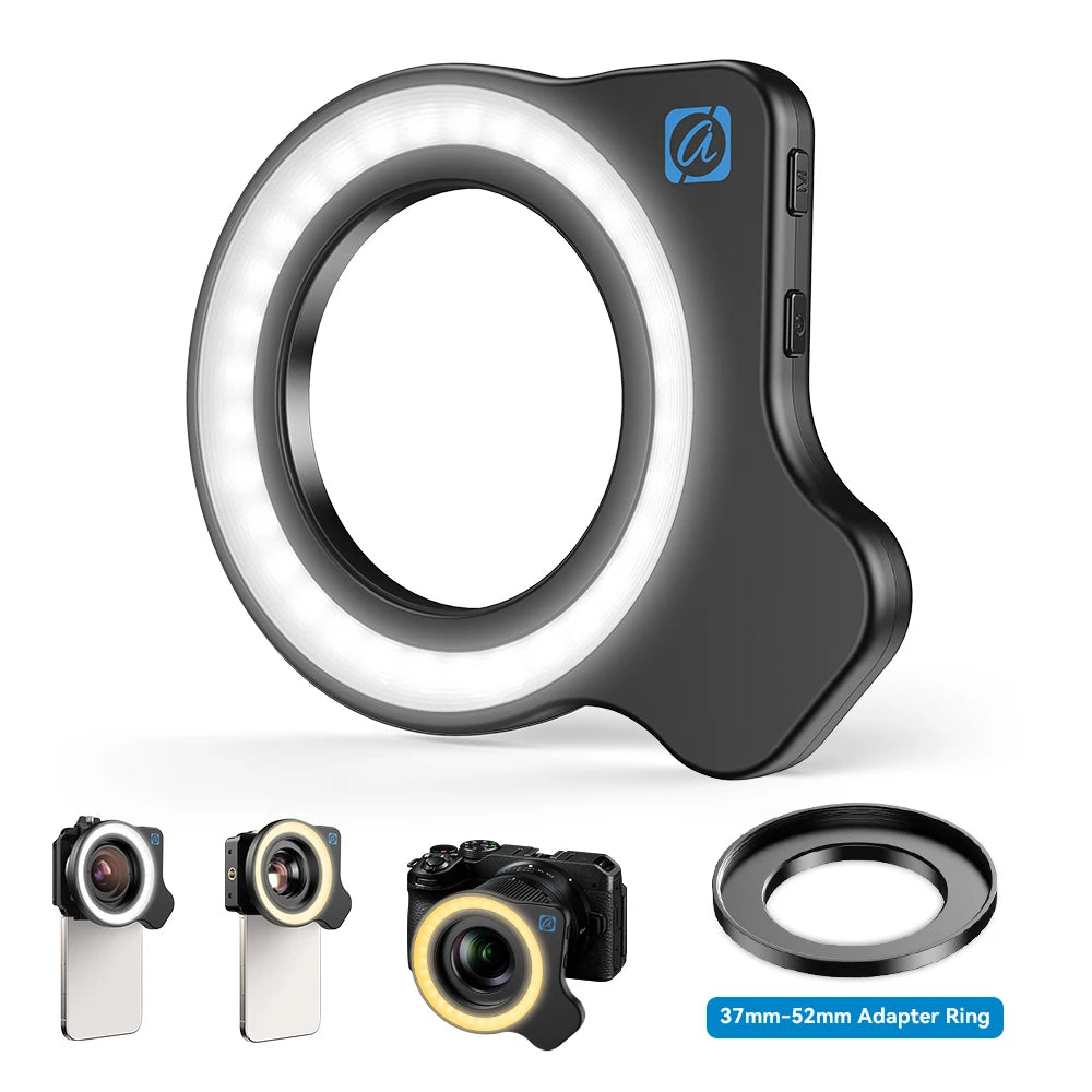 Black ring light with control buttons, shown attached to a camera lens with a 37mm-52mm adapter ring.